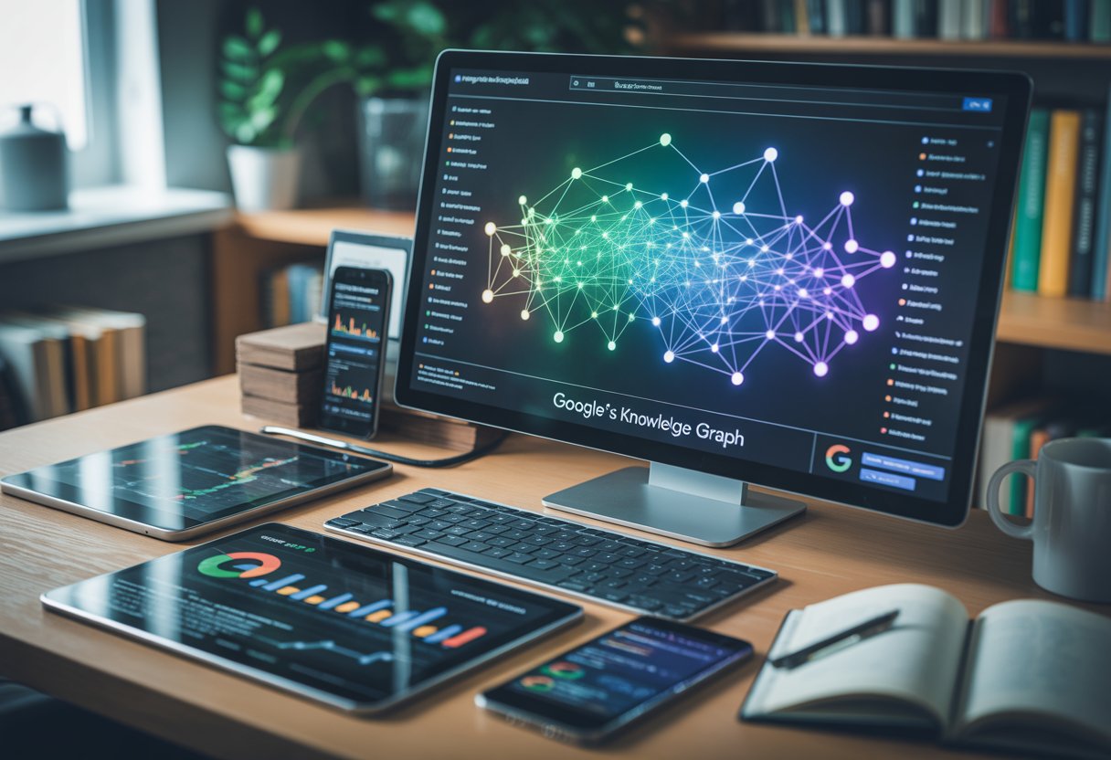 A modern workspace with a desktop showing a colourful network graph representing data connections, surrounded by digital devices and SEO-related items.