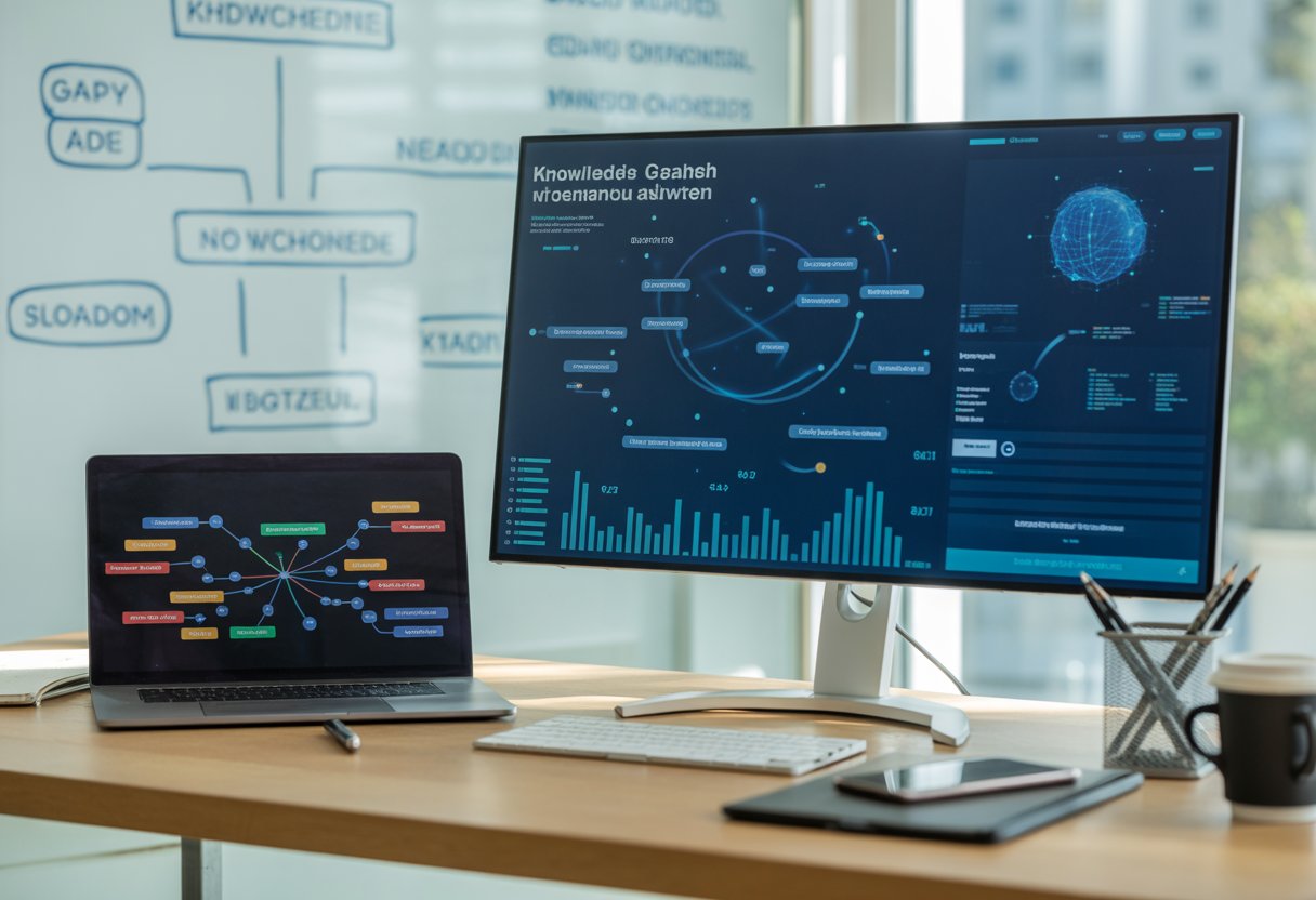 A modern office workspace with computer screens showing data visualisations and knowledge graphs related to semantic search and digital optimisation.