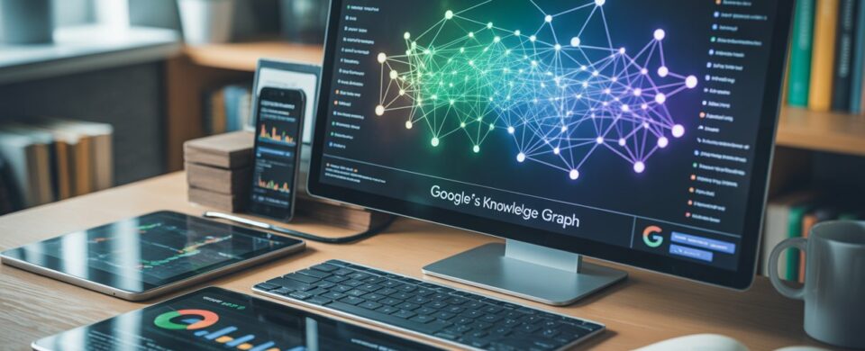 A modern workspace with a desktop showing a colourful network graph representing data connections, surrounded by digital devices and SEO-related items.