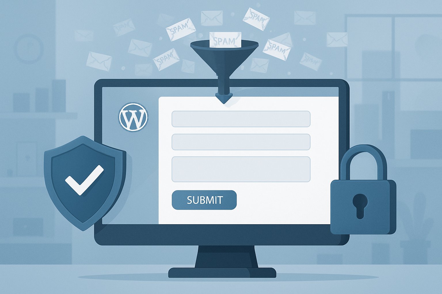 A computer screen showing a contact form being protected by a shield and padlock icons blocking spam messages in an office setting.