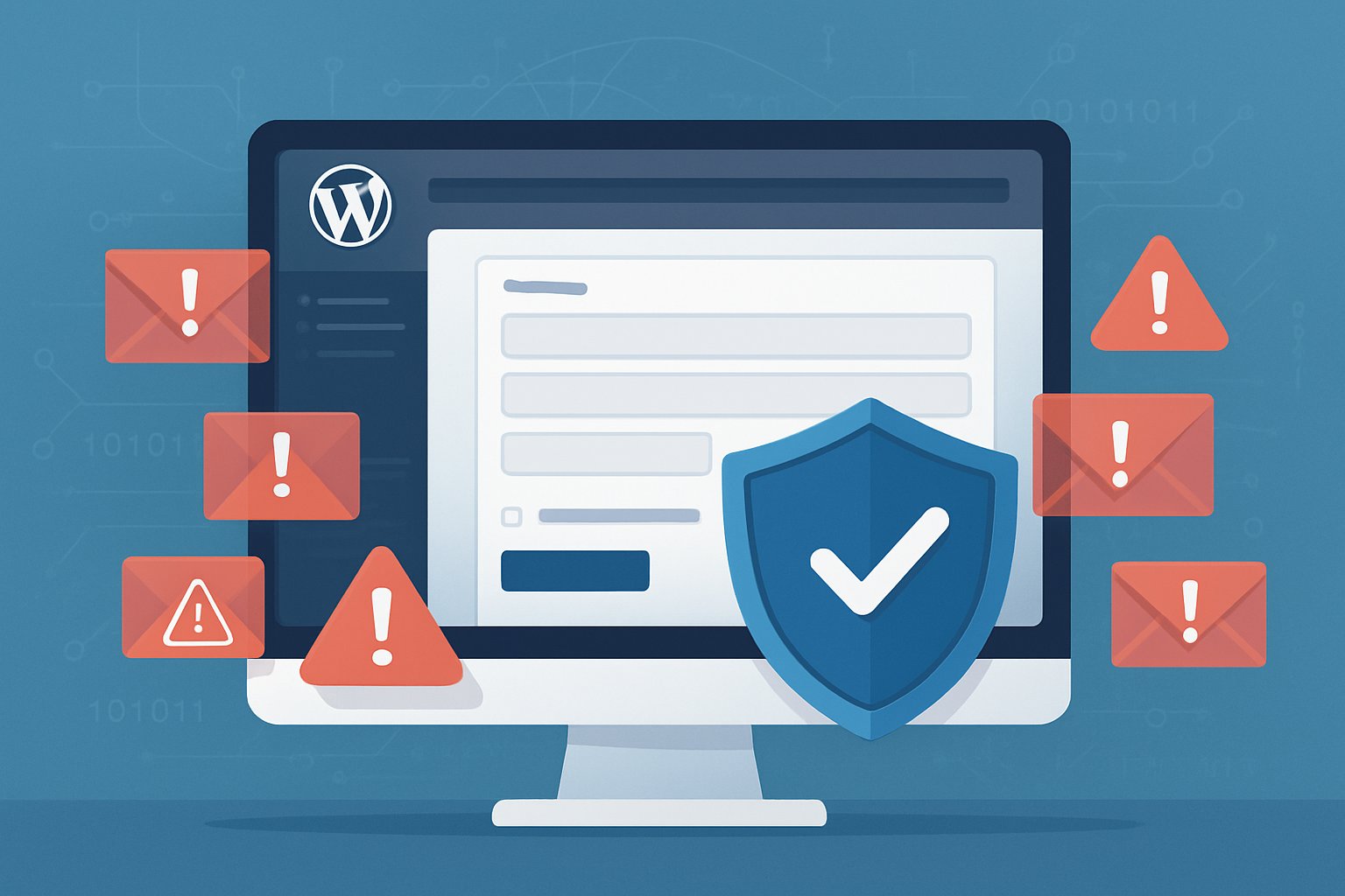 A computer screen showing a WordPress contact form being protected by a shield blocking incoming spam messages represented by red warning icons.
