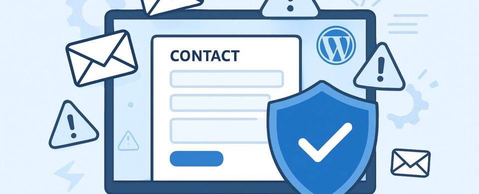 A computer screen showing a contact form with envelopes and warning icons around it, and a shield symbol representing protection against spam.