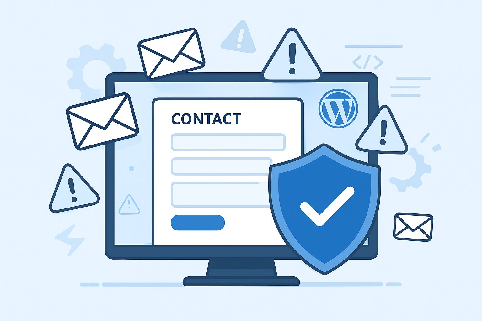 A computer screen showing a contact form with envelopes and warning icons around it, and a shield symbol representing protection against spam.