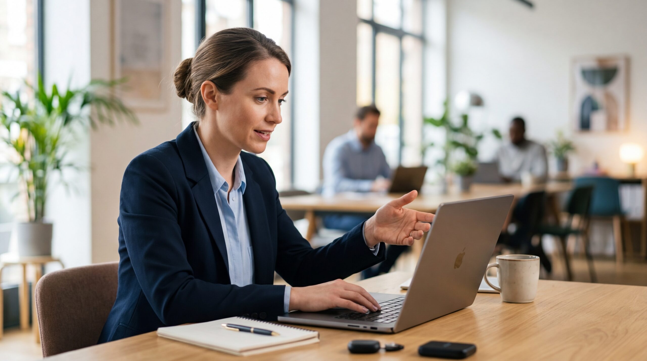 Business woman sat at dexk with open laptop, there is a writing pad and pen on the desk.