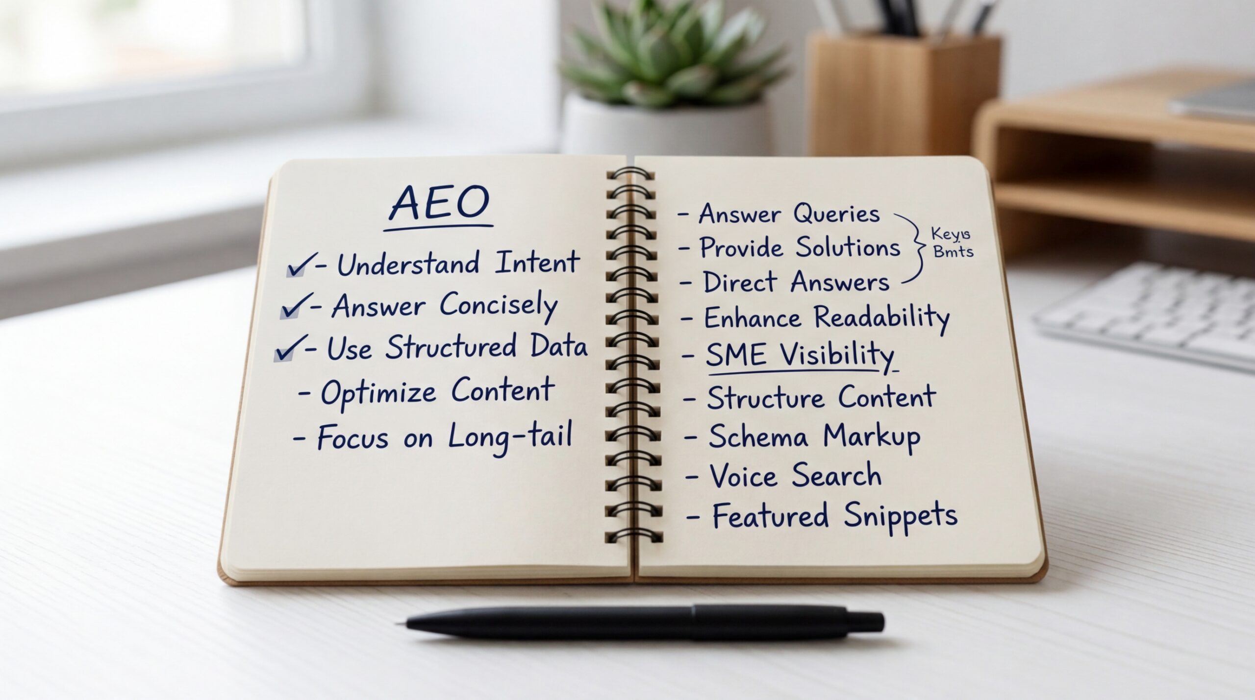 Notepad with a few important Answer Engine Optimisation (AEO) pointers