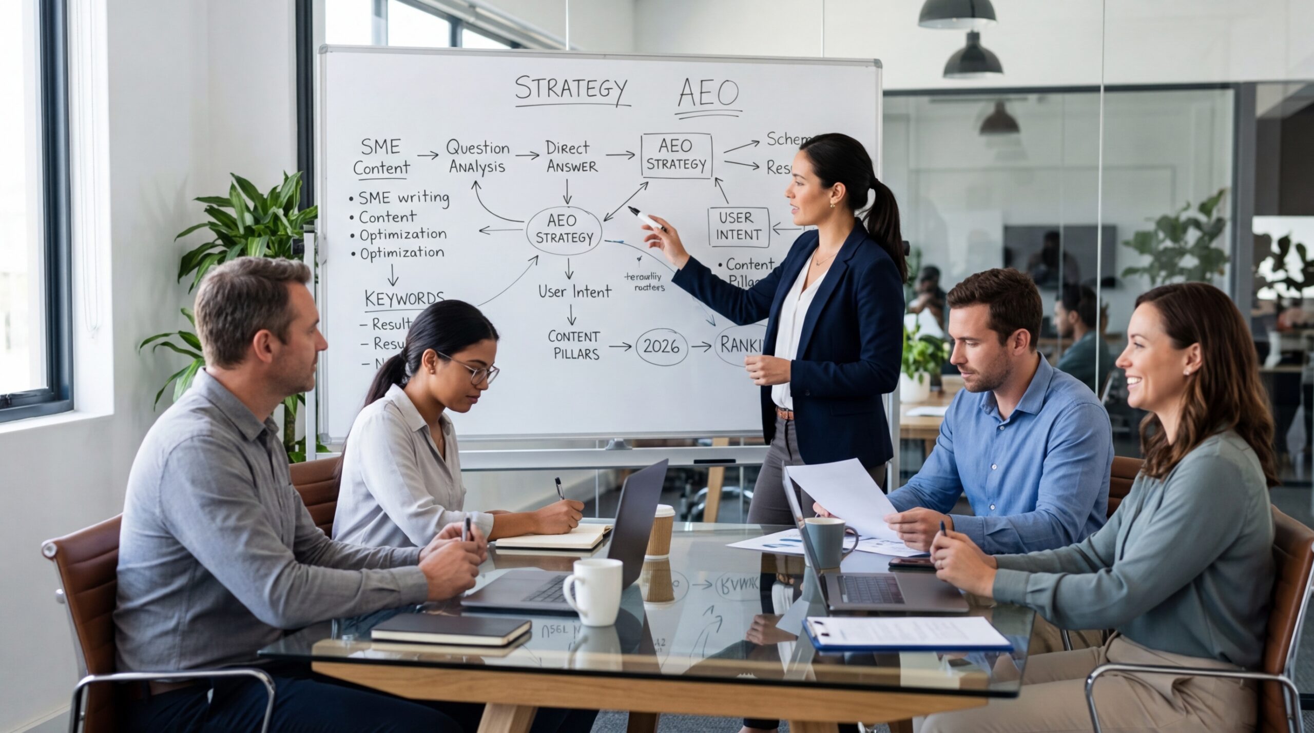 Business woman using a whiteboard to explain Answer Engine Optimisation (AEO) strategy