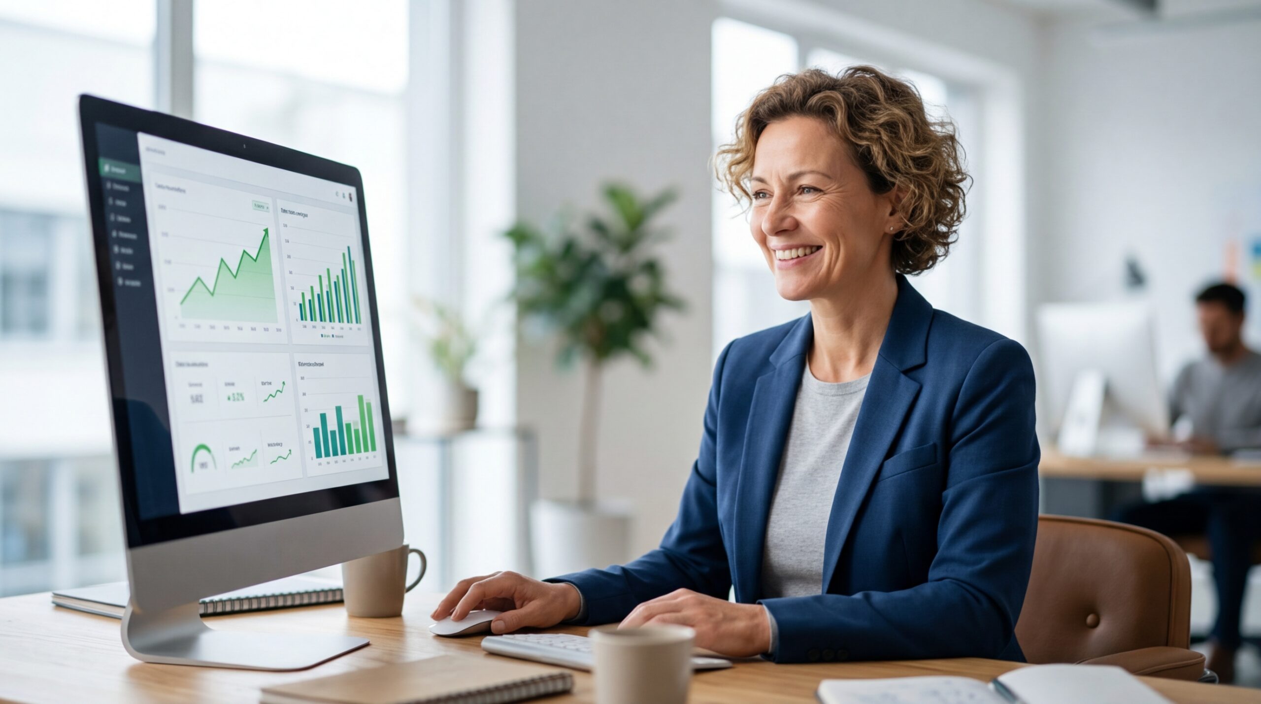 Office worker looking at graphs on a computer