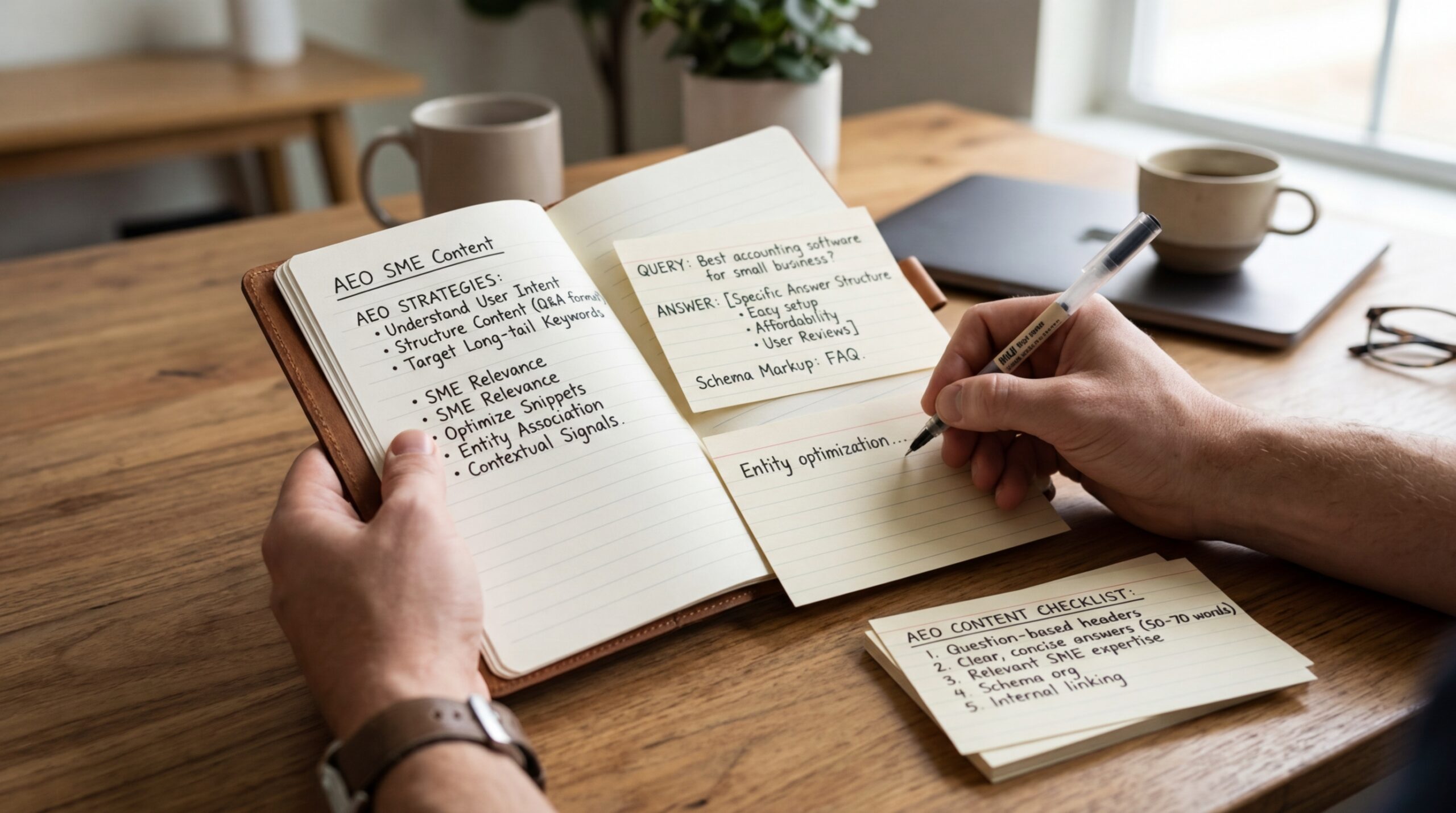 person using a note book to compile an Answer Engine Optimisation (AEO) content strategy