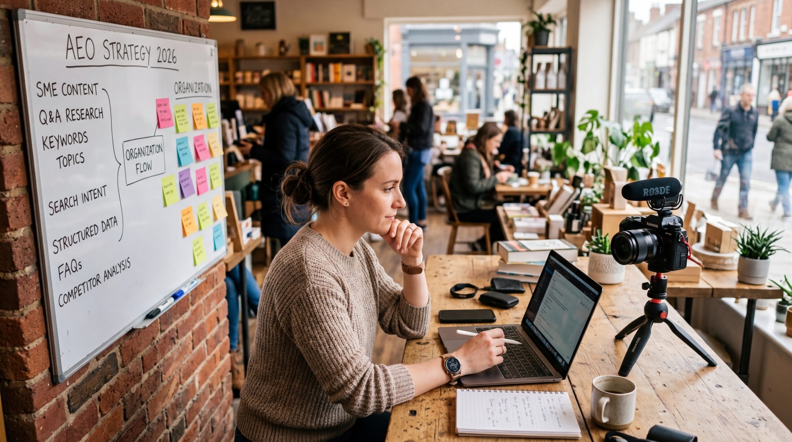 Woman making social media video about AEO content strategies