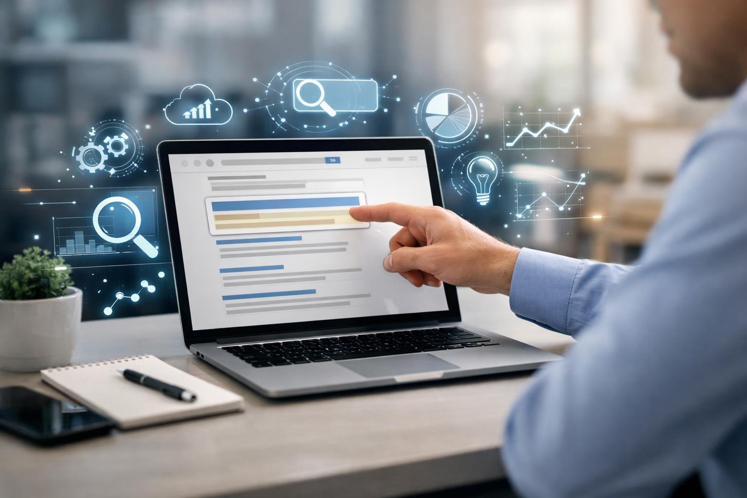 A person pointing at a laptop screen showing search results with digital icons representing data and optimisation in a modern office setting.