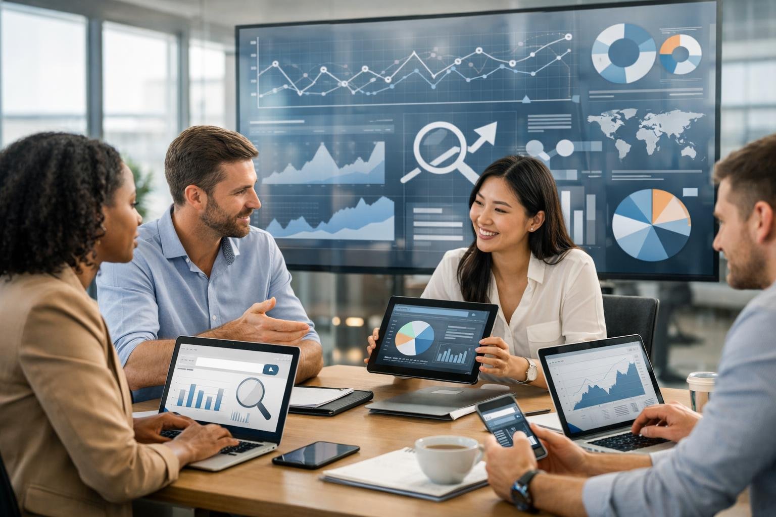 A group of professionals working together around a table with digital devices displaying charts and search data in a bright modern office.