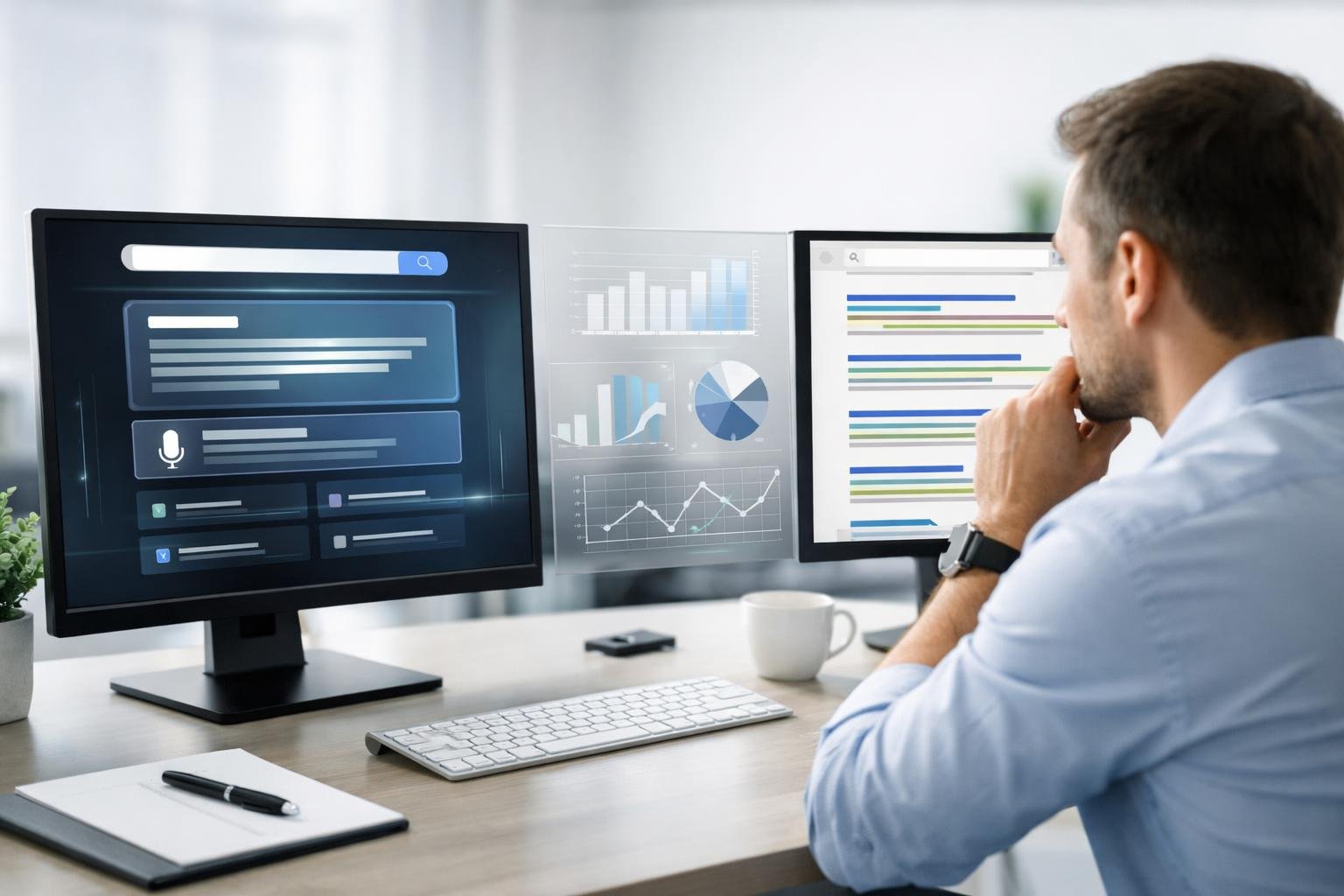 A person comparing two computer screens showing different search engine result styles in a modern office.