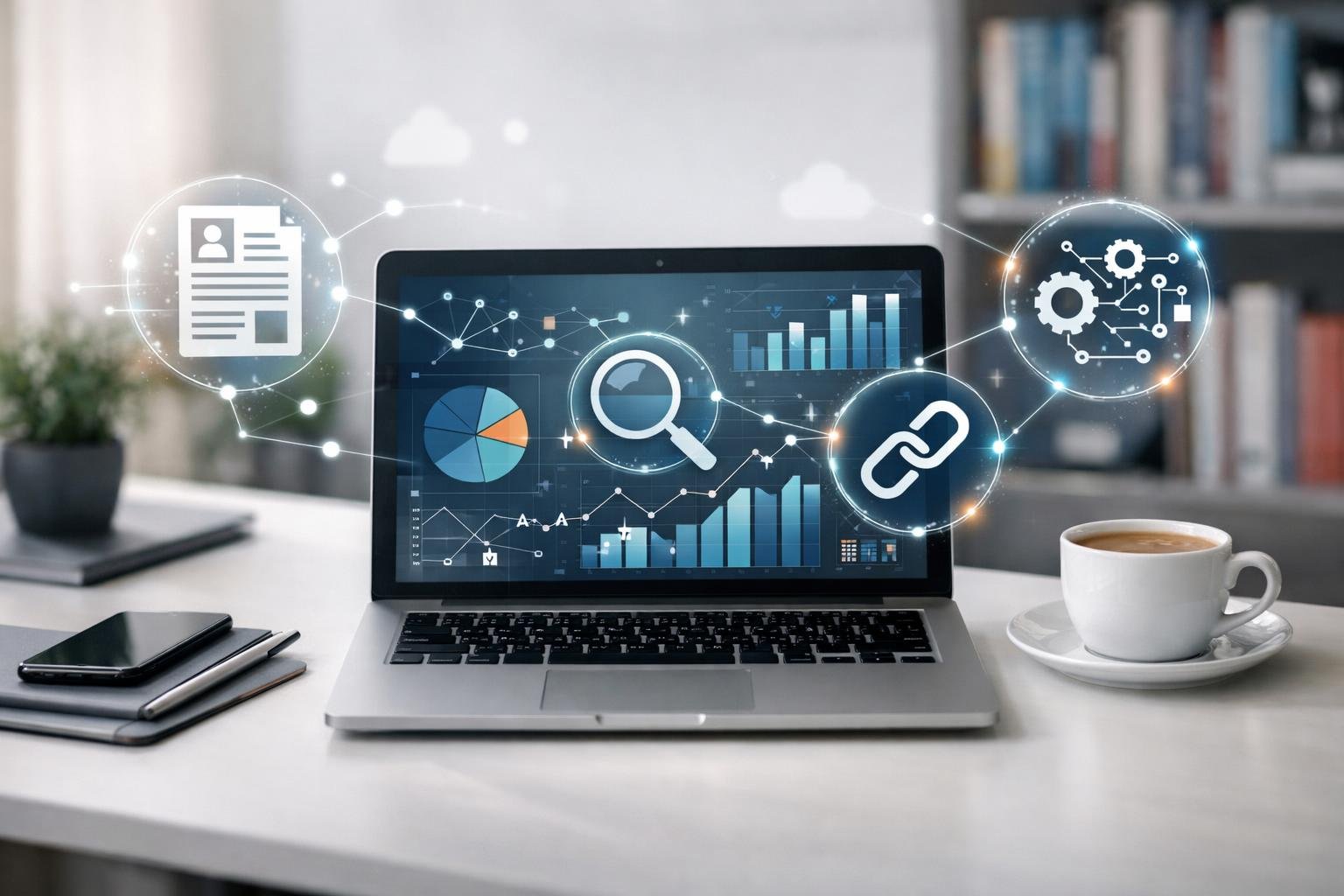 A modern workspace with a laptop showing data visuals and digital icons representing content sourcing and citation in a bright office setting.
