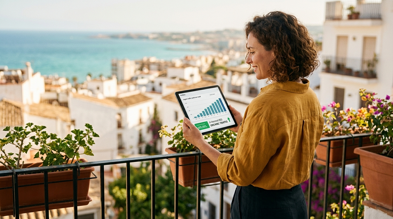 woman looking at tablet showing increased website visitor traffic